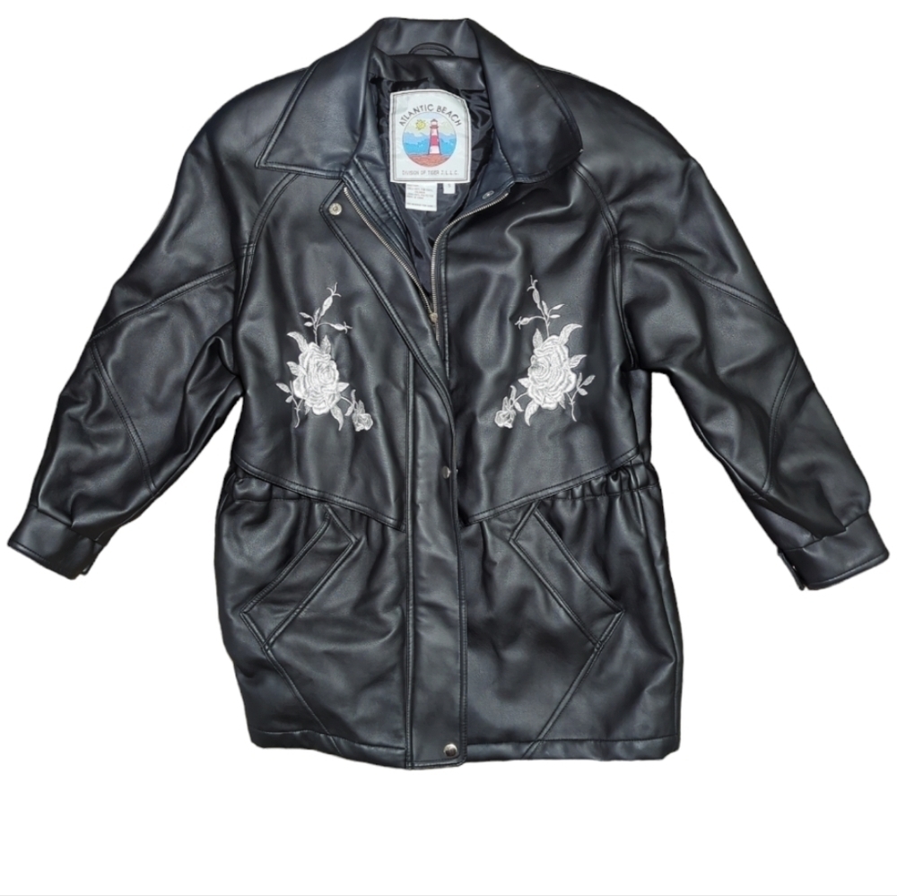 Atlantic Beach Faux Leather Embroidered Floral Coat Size S